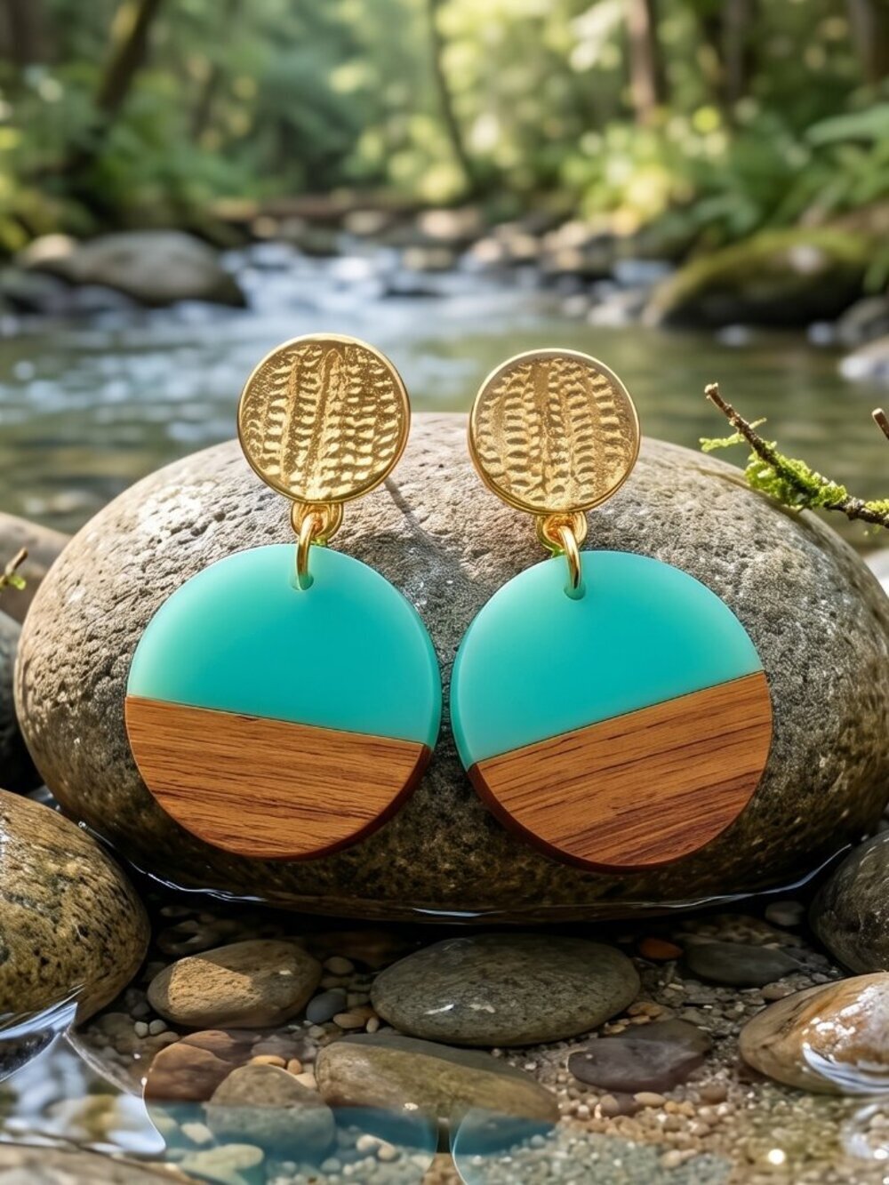 Turquoise Color Resin and Wood Drop Earrings Bohemian Naturecore Gold Stud 2in